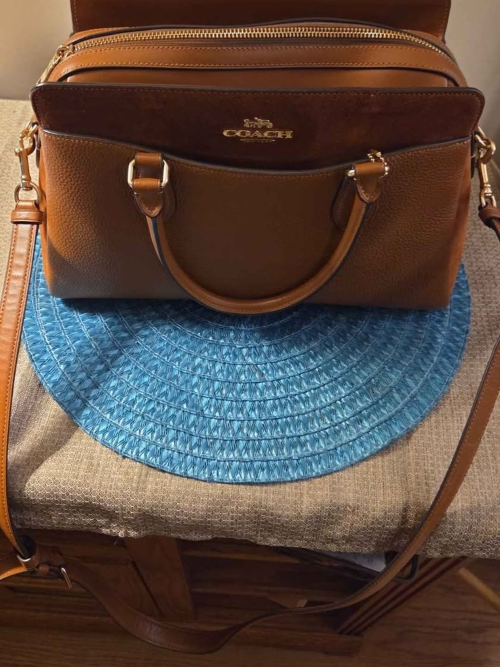 Coach Tan Pebbled Leather Satchel with Gold Hardware